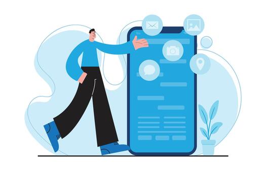 Flat illustration of a man accessing messaging, email, and media features on a large mobile app interface for digital communication and technology concepts. vector