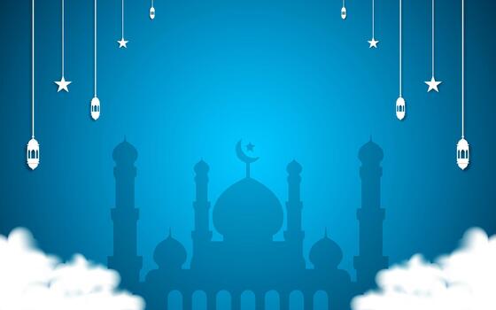 Ramadan Kareem greeting banner background. Illustration of a mosque and lanterns. Ramadan design for web banners, businesses, and headers. vector