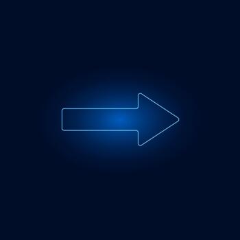 Glowing blue neon right arrow icon on dark navy background, minimal futuristic direction symbol for digital interface navigation design vector