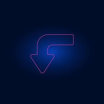 Neon pink curved arrow icon on dark blue background, glowing modern direction symbol, minimal futuristic user interface design element vector