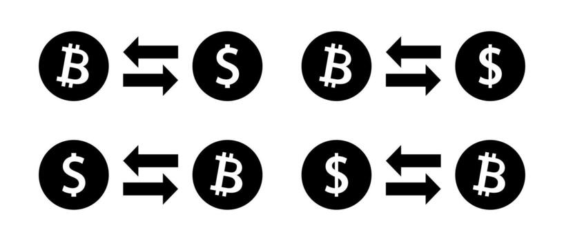 Bitcoin to dollar exchange rate icon. Cryptocurrency conversion and crypto transaction symbol vector