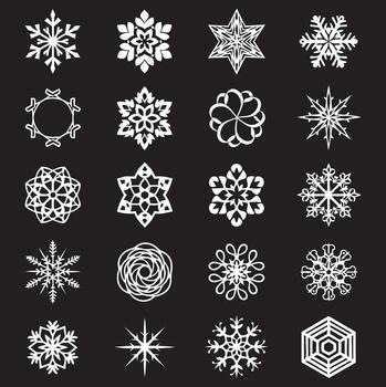 Set of unique white snowflake icons isolated on a black background holiday graphic design elements winter frozen crystal shapes frost pattern collection vector