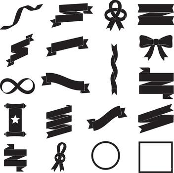 Unique Black Paper Ribbon Silhouettes Flowing S-Ribbon and Sharp V-Tail Folded Banner EPS File vector