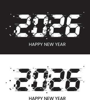 High Contrast New Year 2026 Digits Digital Clock Countdown Morphing into Bold Numbers EPS Illustration vector