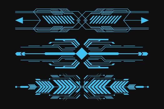 futurista tecnología flechas y ciber línea elementos, neón azul ciencia ficción direccional gráficos, digital circuito flechas, y alto tecnología interfaz acentos en oscuro antecedentes vector