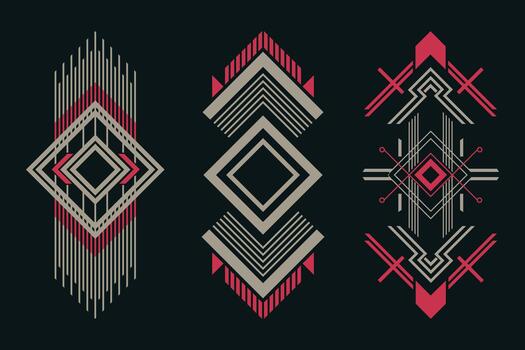 Geometric tribal decorative motifs in red and beige, modern abstract symmetrical line art elements with diamond shapes and linear patterns on dark background for ethnic design vector
