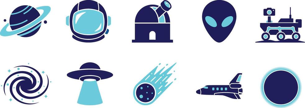 Stylized space icons featuring astronauts, planets, telescopes, and alien mythology elements. vector