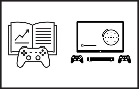 Open book with graph and game controllers next to gaming console silhouette vector