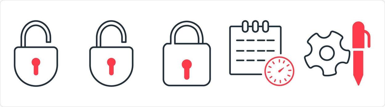 A set of 5 business icon as open lock, lock, schedule in red line color vector