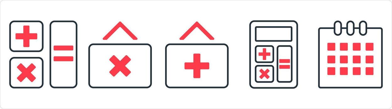 A set of 5 business icon as calculator, multiply button, add button in red line color vector