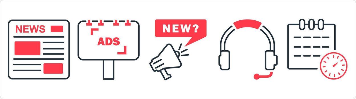 A set of 5 business icon as newletter, ad board, new message in red line color vector