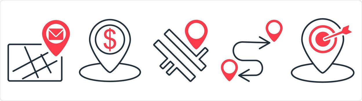 A set of 5 business icon as email location, bank location, road map in red line color vector