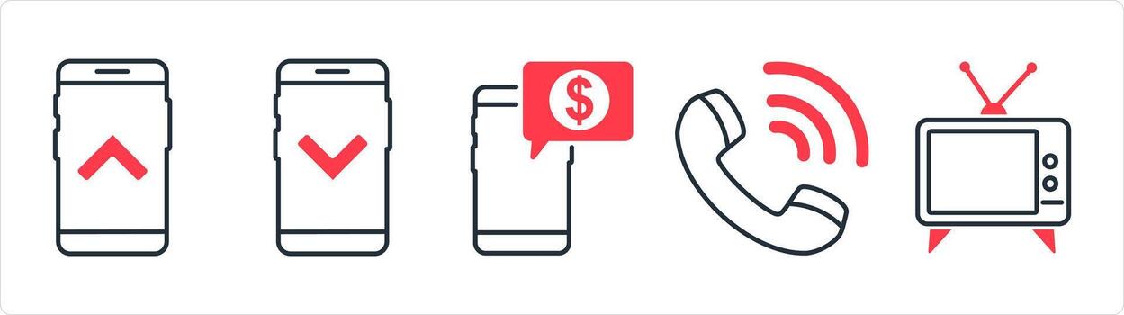 A set of 5 business icon as swipe up, swipe down, digital payment in red line color vector