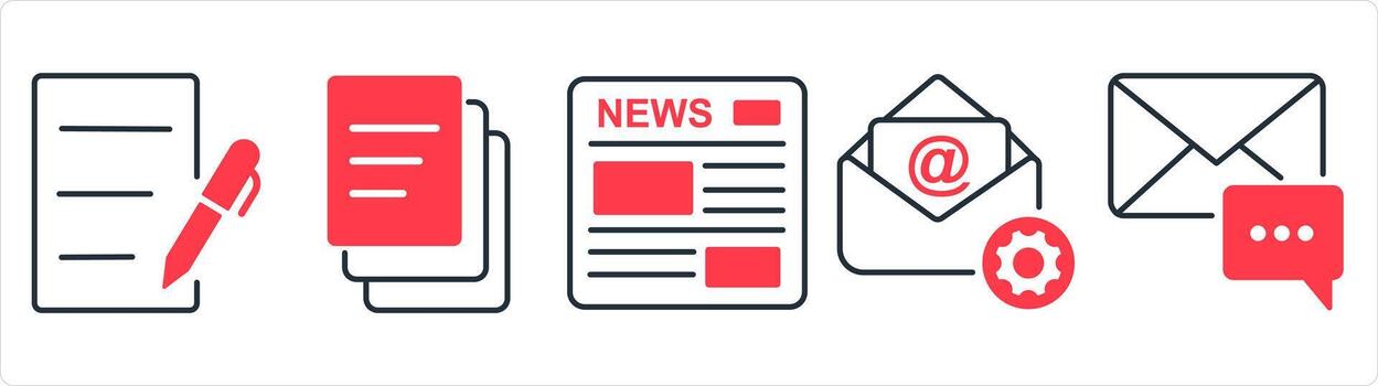 A set of 5 business icon as writing, duplicate copy, newsletter in red line color vector