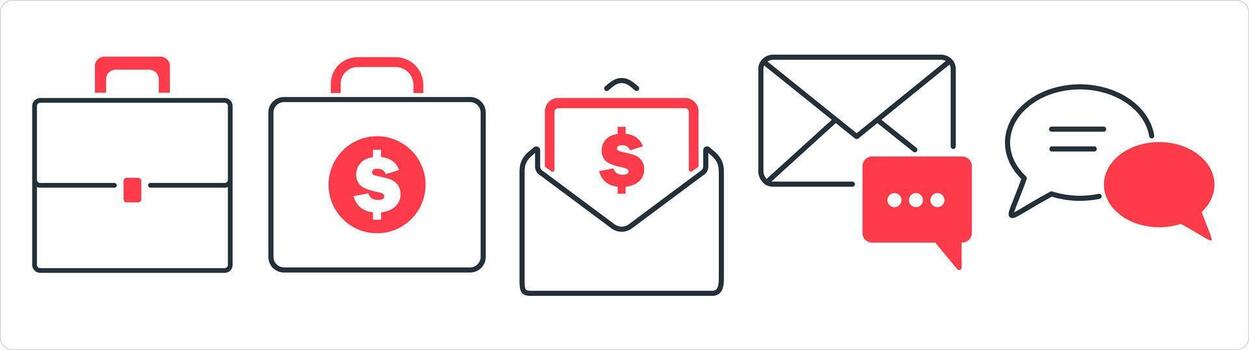 A set of 5 business icon as baggage, money briefcase, salary mail in red line color vector
