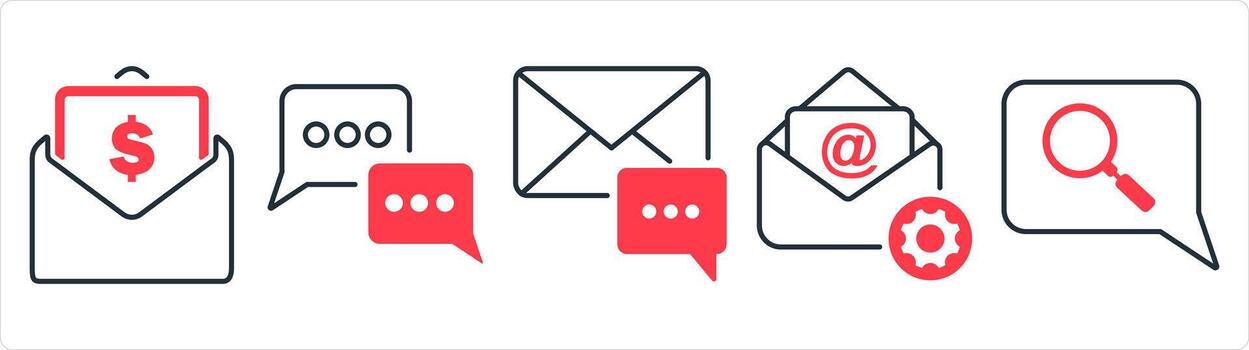 un conjunto de 5 5 negocio icono como salario correo, charlar, correo electrónico notificación en rojo línea color vector