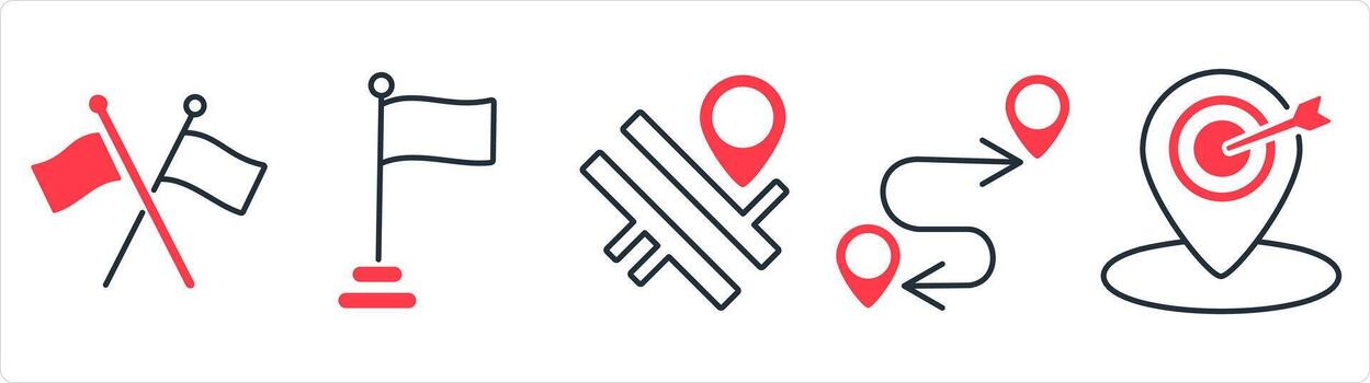 A set of 5 business icon as cross flag, flag, road map, route map in red line color vector