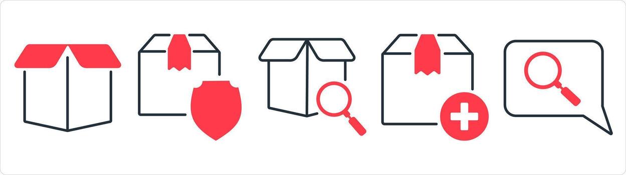 A set of 5 business icon as box, parcel security, search box in red line color vector