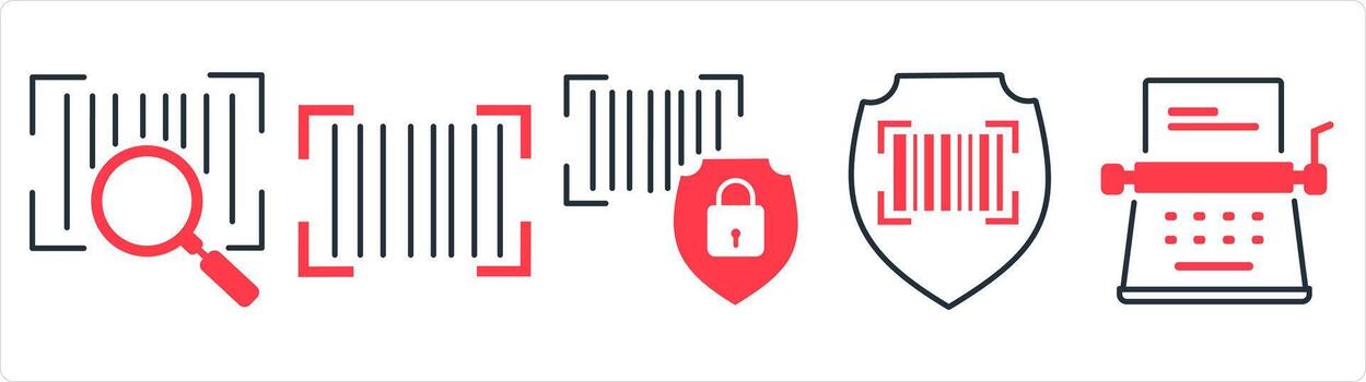 un conjunto de 5 5 negocio icono como buscar bar código, bar código, bar seguridad la seguridad en rojo línea color vector