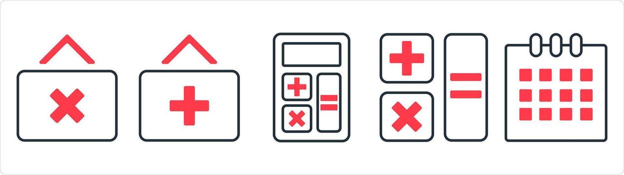 A set of 5 business icon as multiply button, add button, calculator in red line color vector