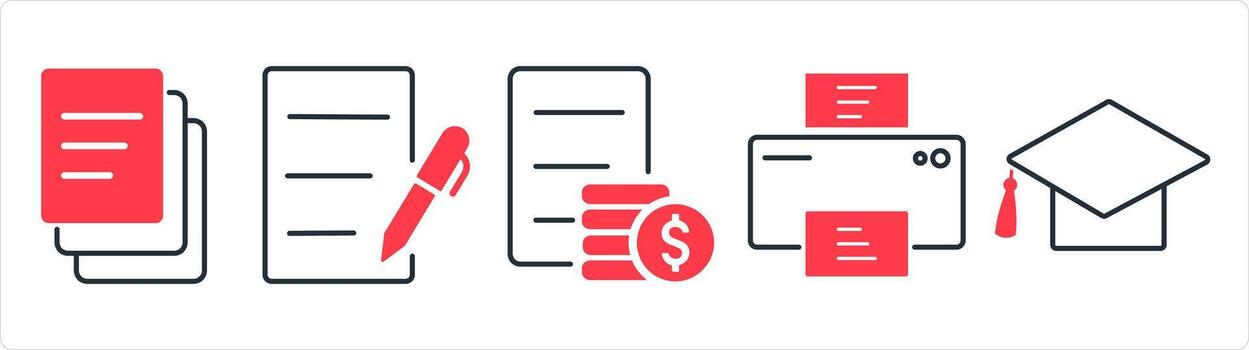 A set of 5 business icon as duplicate copy, writing, invoice in red line color vector