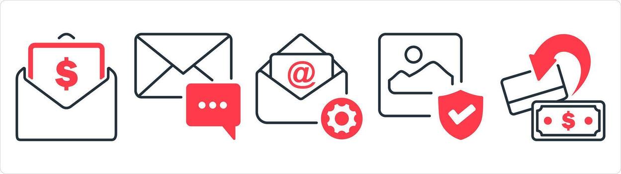un conjunto de 5 5 negocio icono como salario correo, correo electrónico notificación, galería seguridad en rojo línea color vector