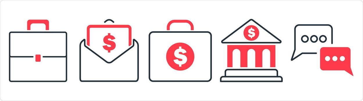 A set of 5 business icon as baggage, salary mail, money briefcase in red line color vector