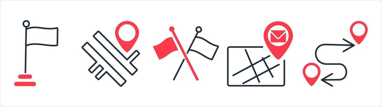 A set of 5 business icon as flag, road map, cross flag in red line color vector