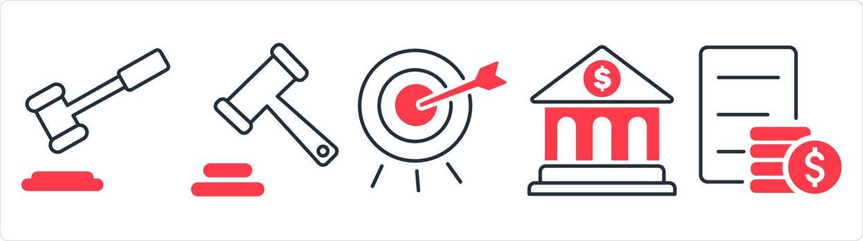 un conjunto de 5 5 negocio icono como ley, objetivo diana, financiero institución en rojo línea color vector