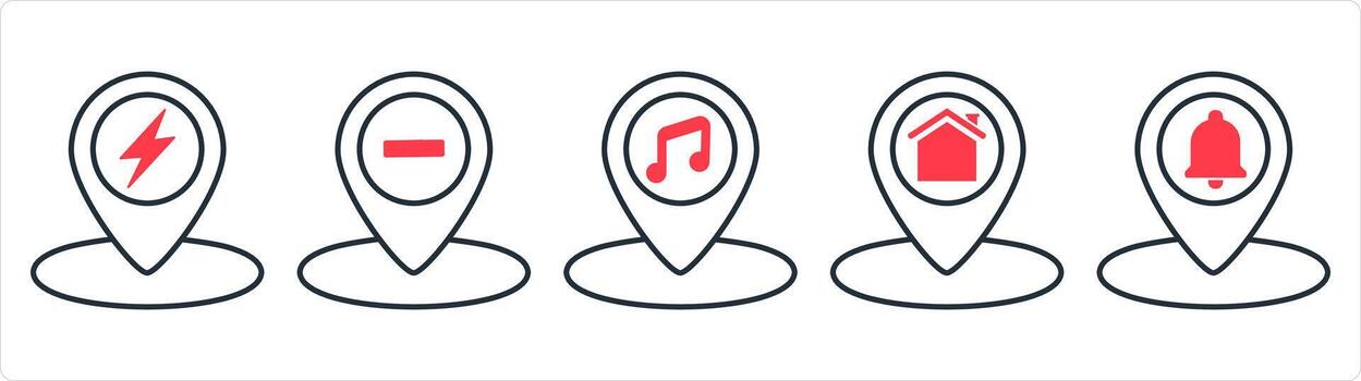 A set of 5 business icons as location, remove location, music location in red line color vector