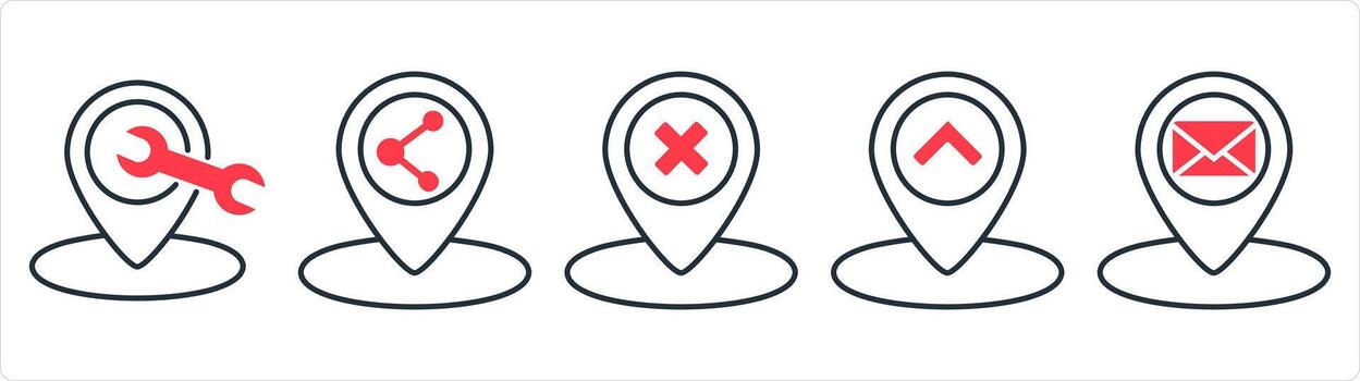 A set of 5 business icons as location maintenance, share location, wrong location in red line color vector