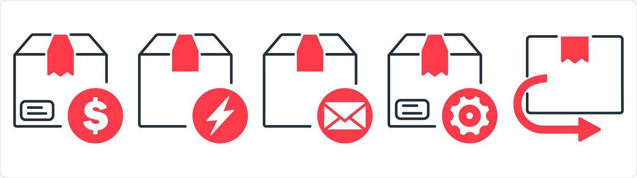 A set of 5 business icons as shipping cost, flash deal, order email in red line color vector