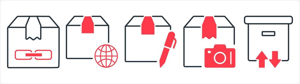 A set of 5 business icons as education delivery, internation order, edit order in red line color vector