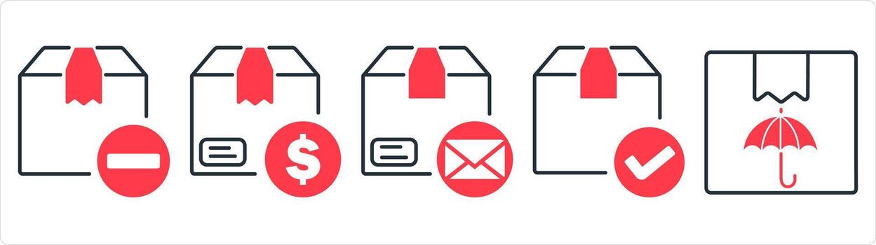 A set of 5 business icons as reduce item, shipping cost, delivery email in red line color vector