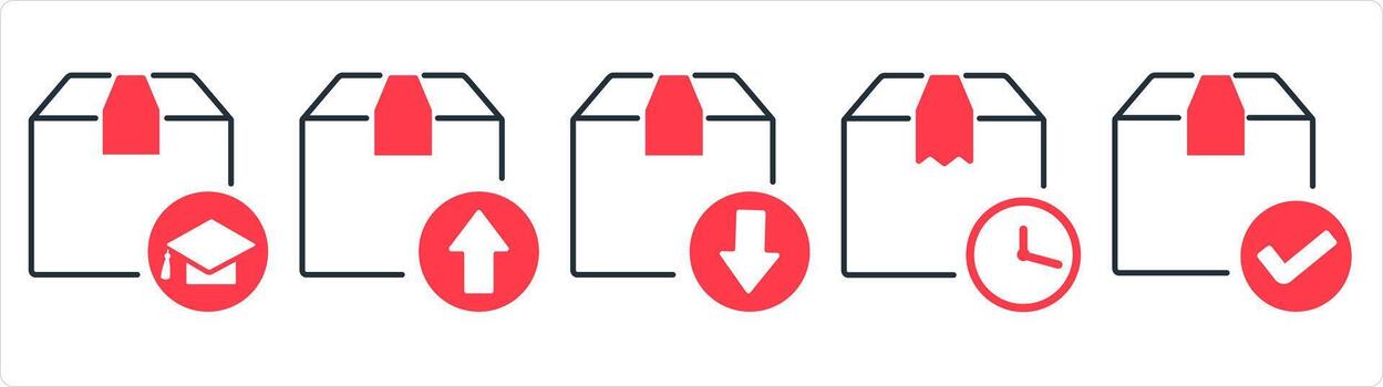 A set of 5 business icons as education delivery, forward parcel, delivery returned in red line color vector