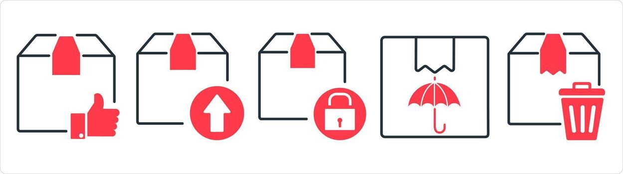 un conjunto de 5 5 negocio íconos como aprobado orden, adelante parcela, asegurado entrega en rojo línea color vector