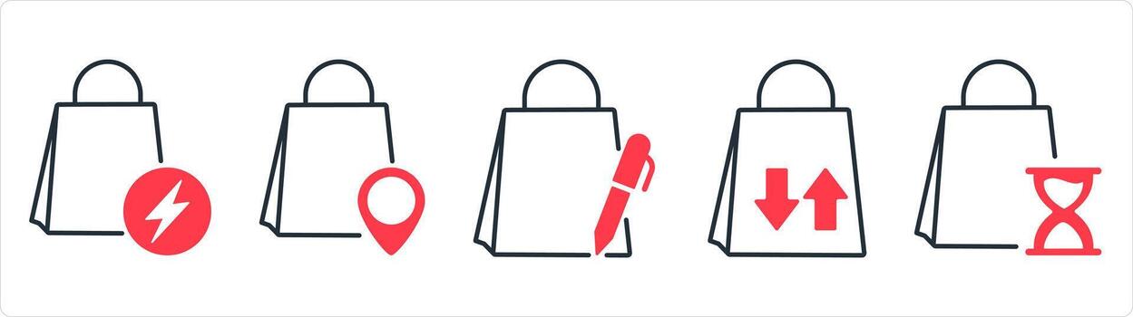 A set of 5 business icons as fast shopping, store location, edit shopping in red line color vector