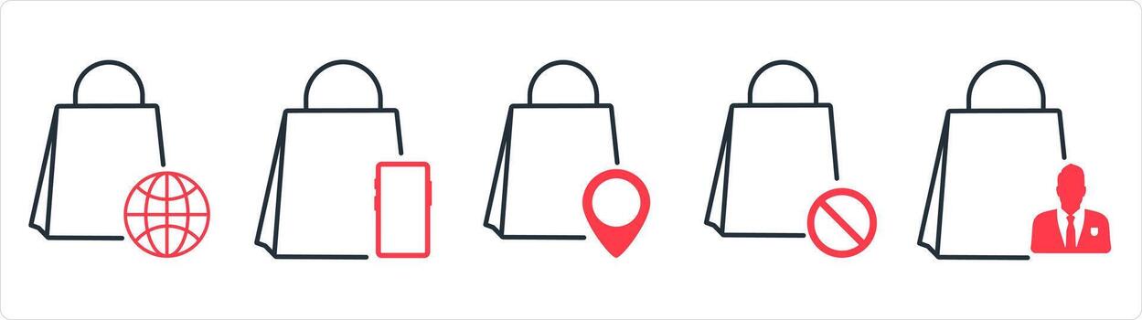A set of 5 business icons as global shopping, mcommerce, store location in red line color vector
