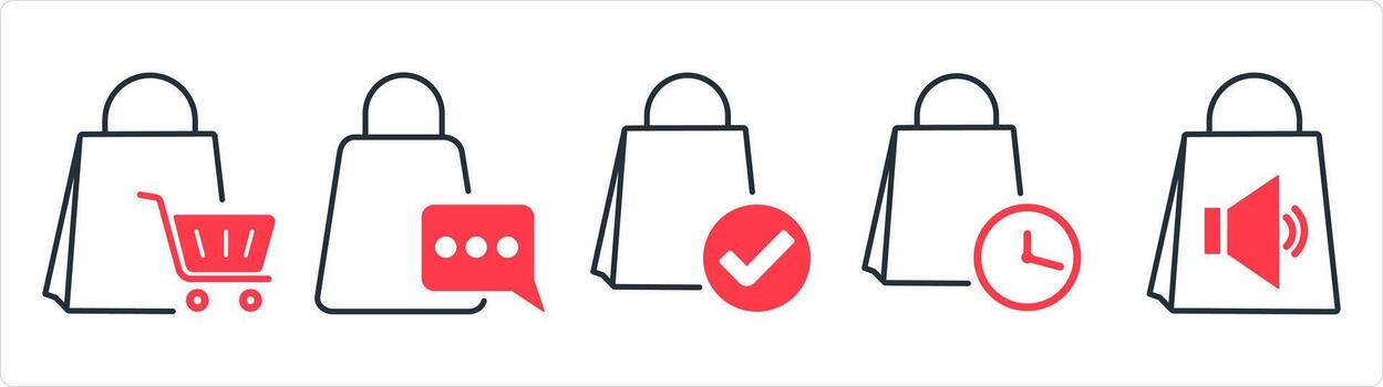 un conjunto de 5 5 negocio íconos como compras, entrega mensaje, adelante paquete o empaquetar en rojo línea color vector
