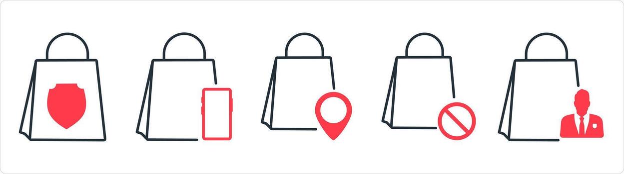 A set of 5 business icons as shopping security, mcommerce, store location in red line color vector