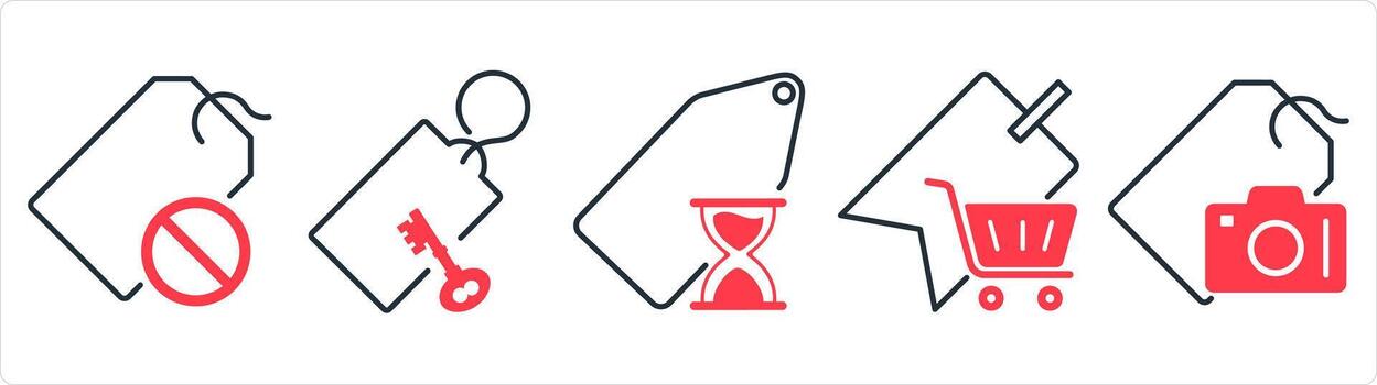 A set of 5 business icons as tag prohibited, key tag, shopping on time in red line color vector