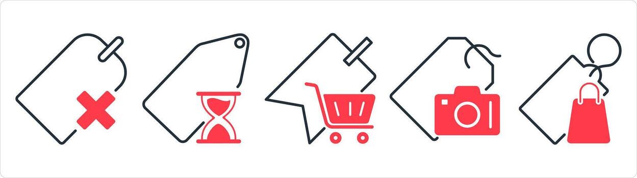 A set of 5 business icons as wrong tag, shopping on time, shopping tag in red line color vector