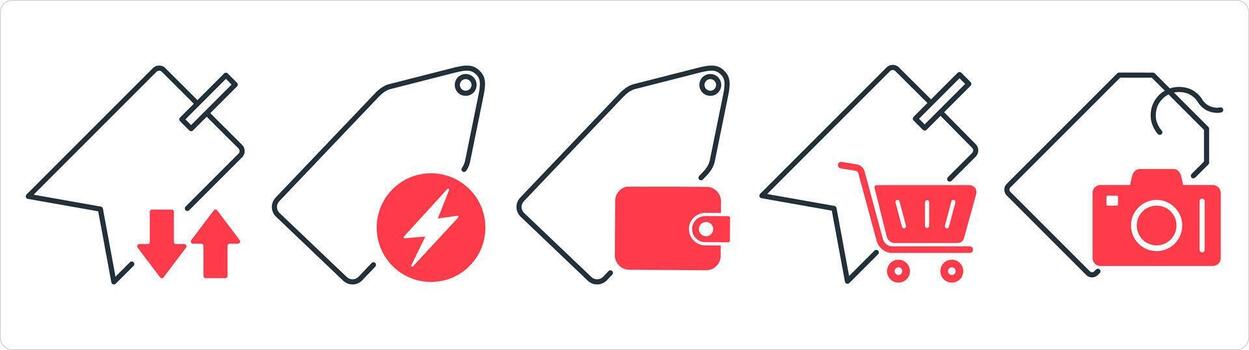 A set of 5 business icons as synchronize tag, fast tag, wallet tag in red line color vector