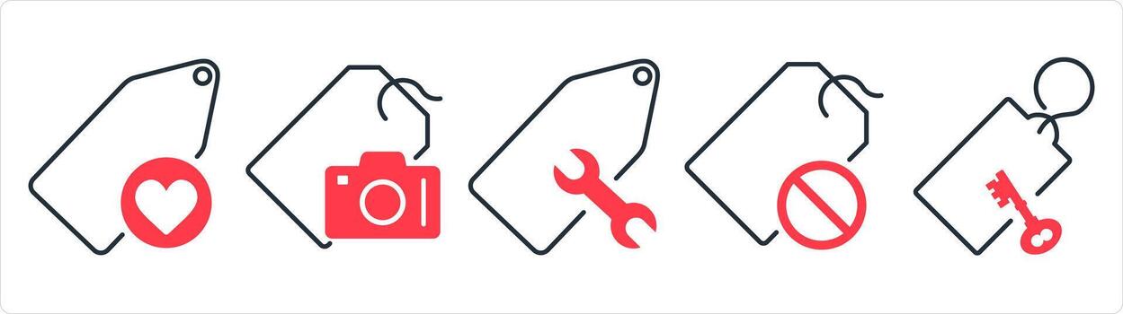 A set of 5 business icons as favorite tag, camera tag, repair tag in red line color vector