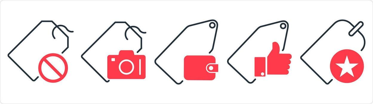 A set of 5 business icons as tag prohibited, camera tag, wallet tag in red line color vector