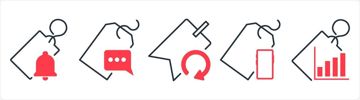 A set of 5 business icons as tag notification, message tag, refresh tag in red line color vector