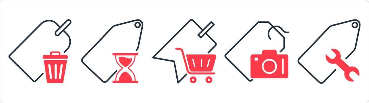 A set of 5 business icons as remove tag, shopping on time, shopping tag in red line color vector