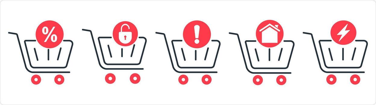 A set of 5 business icons as call tag, upload tag, download tag in red line color vector