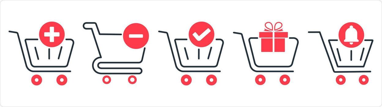 A set of 5 business icons as add to cart, remove cart, approved cart in red line color vector