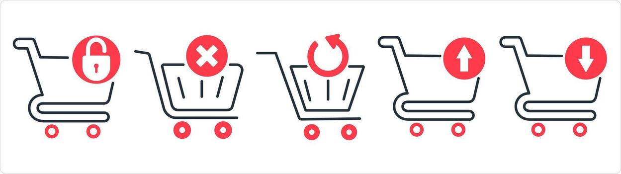 A set of 5 business icons as cart security, remove cart, update cart in red line color vector
